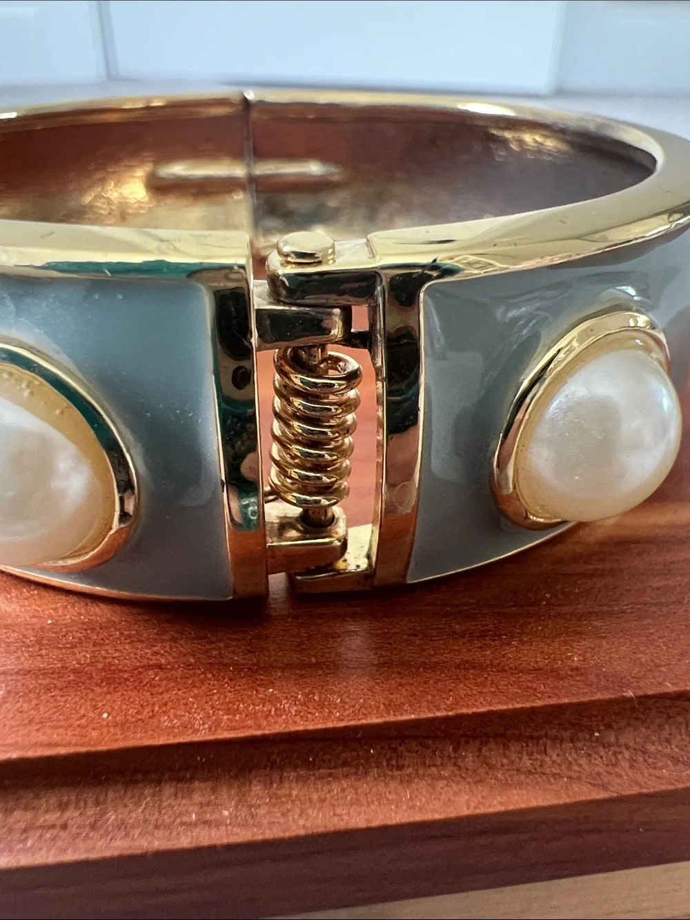 Gold-Trim Gray Pearl Accent Bangle Bracelet